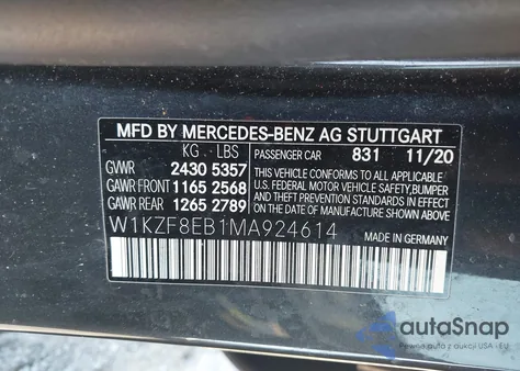 2021 Mercedes-Benz E 350 4Matic z USA, uszkodzony, nr VIN W1KZF8EB1MA924614